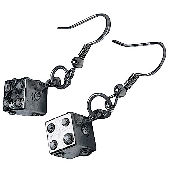 Dice dangly earrings sparkly silver with rhinestones NEW - Picture 2 of 6